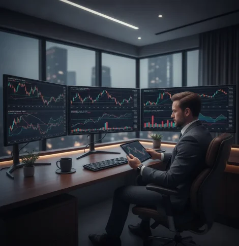 professional trading desk with multiple market charts on
