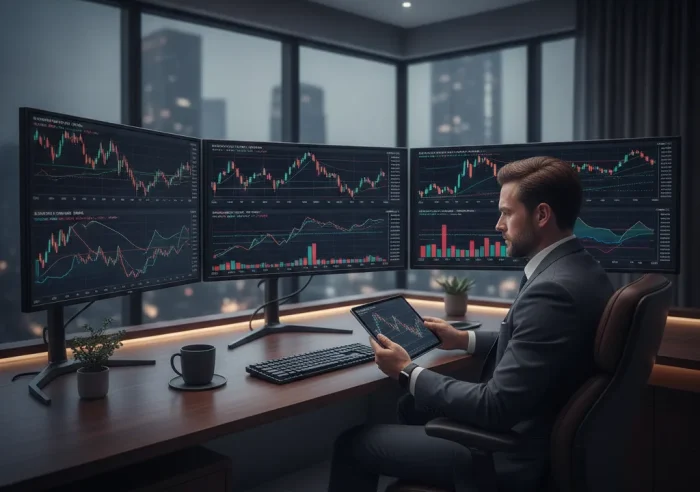 professional trading desk with multiple market charts on